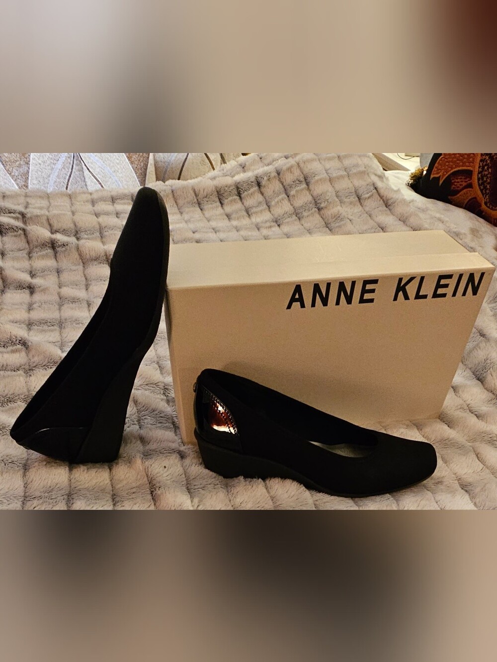 Anne Klein Black Wedge Pumps with Patten Heel.